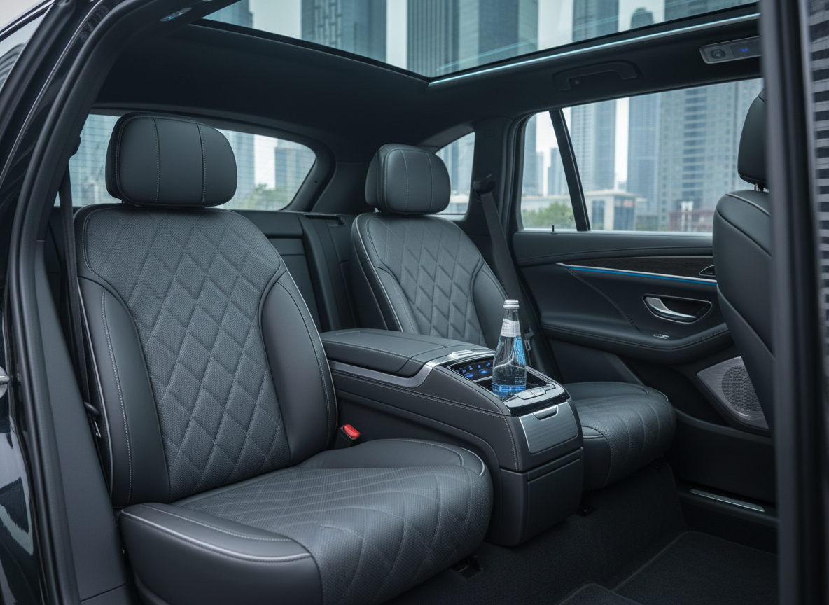 The interior of a high-end chauffeur vehicle, showcasing a pair of perfectly aligned rear leather seats in deep charcoal, stitched with fine contrasting thread. Centered between them, a minimalist console displays climate controls, a closed compartment, and a neatly placed bottled water. The cabin’s ambient LED lighting washes the trim in a subtle cool tone, while soft daylight filters through tinted windows, revealing a blurred city skyline beyond. Shot from the rear door perspective with photographic realism and a moderate depth of field, the composition focuses on comfort, privacy, and professional presentation, suggesting a premium yet approachable ride ideal for business travelers and everyday passengers, with no visible human presence.