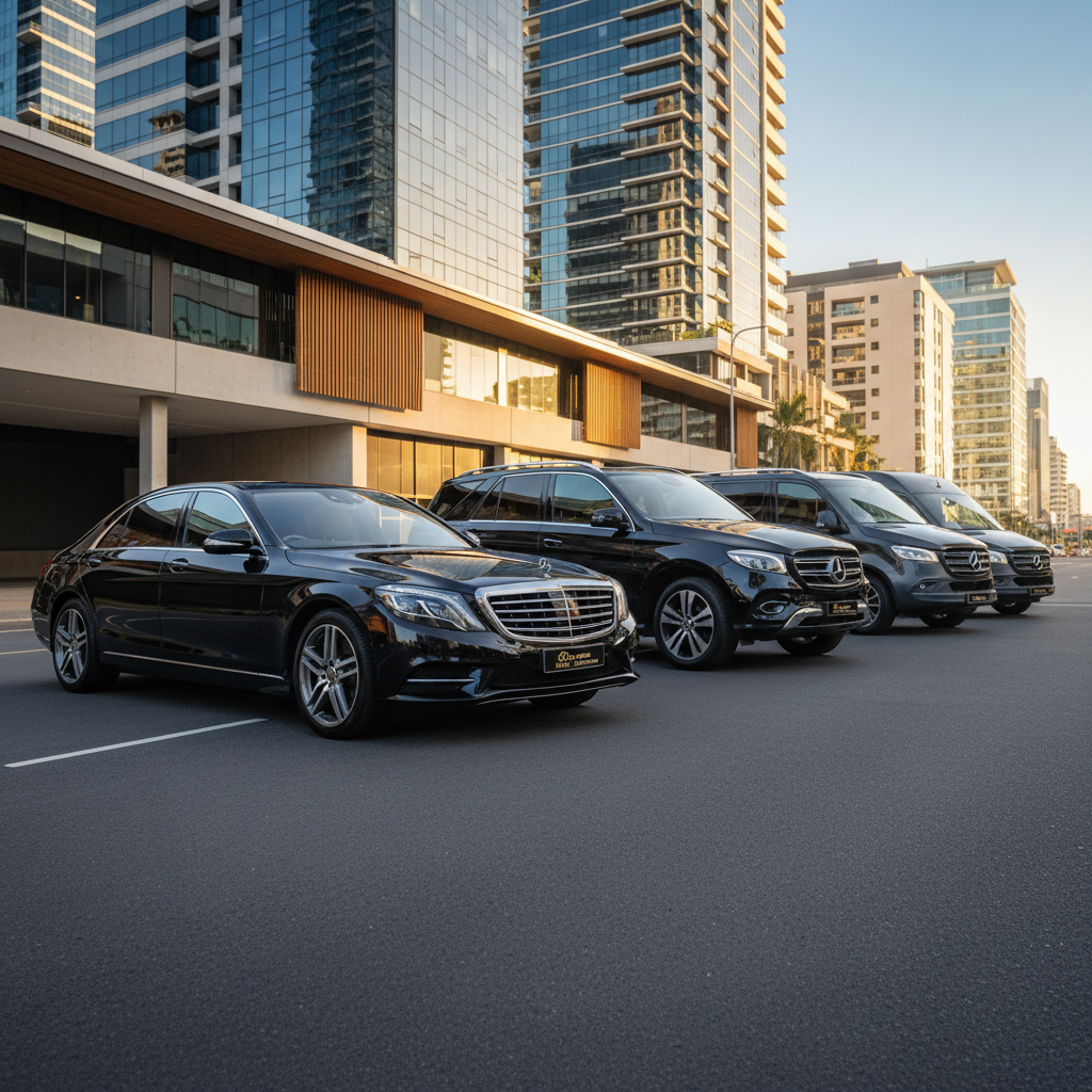 A convoy of three matching luxury chauffeur vehicles in varying sizes—a sleek sedan, an executive SUV, and a premium people-mover—are arranged diagonally across a quiet business district street in Queensland, each perfectly clean and aligned. Glass office towers and a contemporary low-rise commercial building frame the background, with reflective surfaces capturing the late-afternoon golden light. The warm sunlight glides along the vehicles’ sides, creating subtle highlights and soft shadows across the asphalt. Photographic realism, shot from a low-angle three-quarter view to emphasize professionalism, scale, and fleet capability. The mood is confident and corporate, ideal for business travel imagery, with the street devoid of pedestrians and traffic for a calm, organized atmosphere.