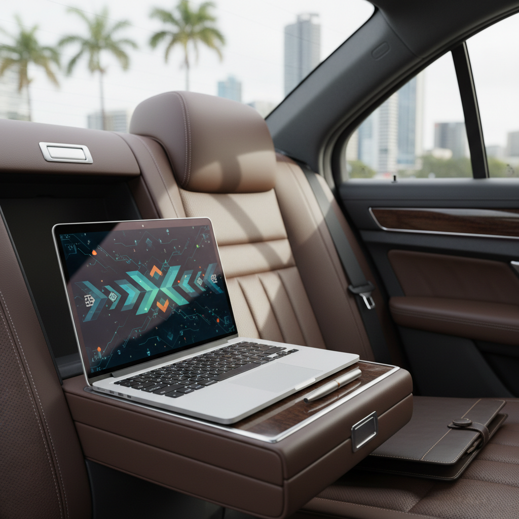 Inside a chauffeur-driven vehicle set up for corporate travel, a fold-down center armrest forms a stable base for an open, high-end laptop displaying an abstract dashboard graphic, next to a leather portfolio and a closed pen. The dark leather seating, subtle woodgrain trim, and soft-touch panels create a refined environment. Late-morning daylight streams through the side windows, diffused by light tint, casting gentle highlights on metal accents and creating a focused, productive mood. The background view through the window shows a softly blurred glimpse of Queensland’s cityscape. Photographic realism, captured from a side angle at seat level, with a moderate depth of field that keeps the work area sharp and the exterior environment pleasantly out of focus, emphasizing business-ready comfort.