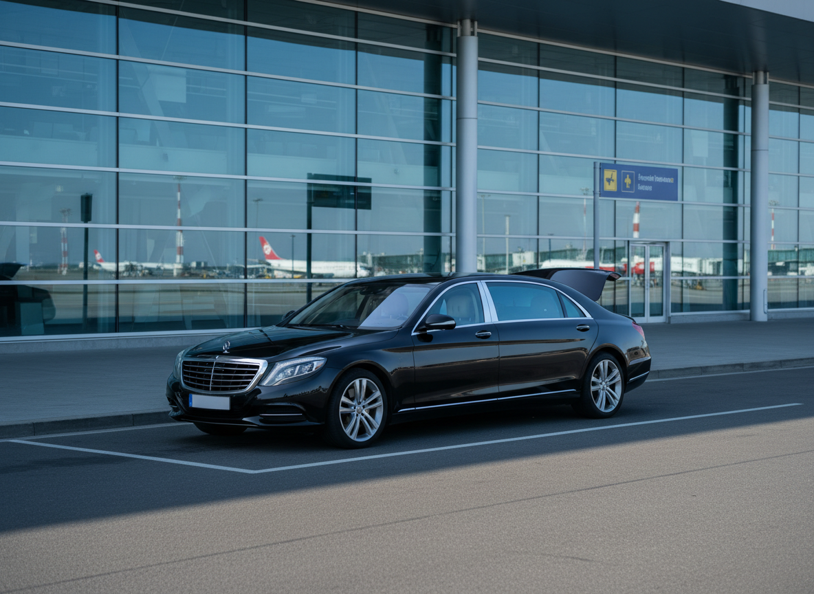 A premium chauffeur sedan is positioned in the designated airport pickup lane directly in front of a modern glass terminal at Brisbane or Queensland-style airport, its trunk closed and exterior spotless. Large glass panels and metal beams of the terminal rise behind it, with subtle, non-readable signage and distant, softly blurred aircraft shapes on the tarmac. Early morning light creates a crisp, cool atmosphere, catching on the car’s polished surfaces and casting long, gentle shadows. Captured from a slightly elevated angle with photographic realism, the image emphasizes reliability and punctuality for airport transfers, with clear focus on the vehicle and setting, while the background remains softly out of focus and devoid of people.