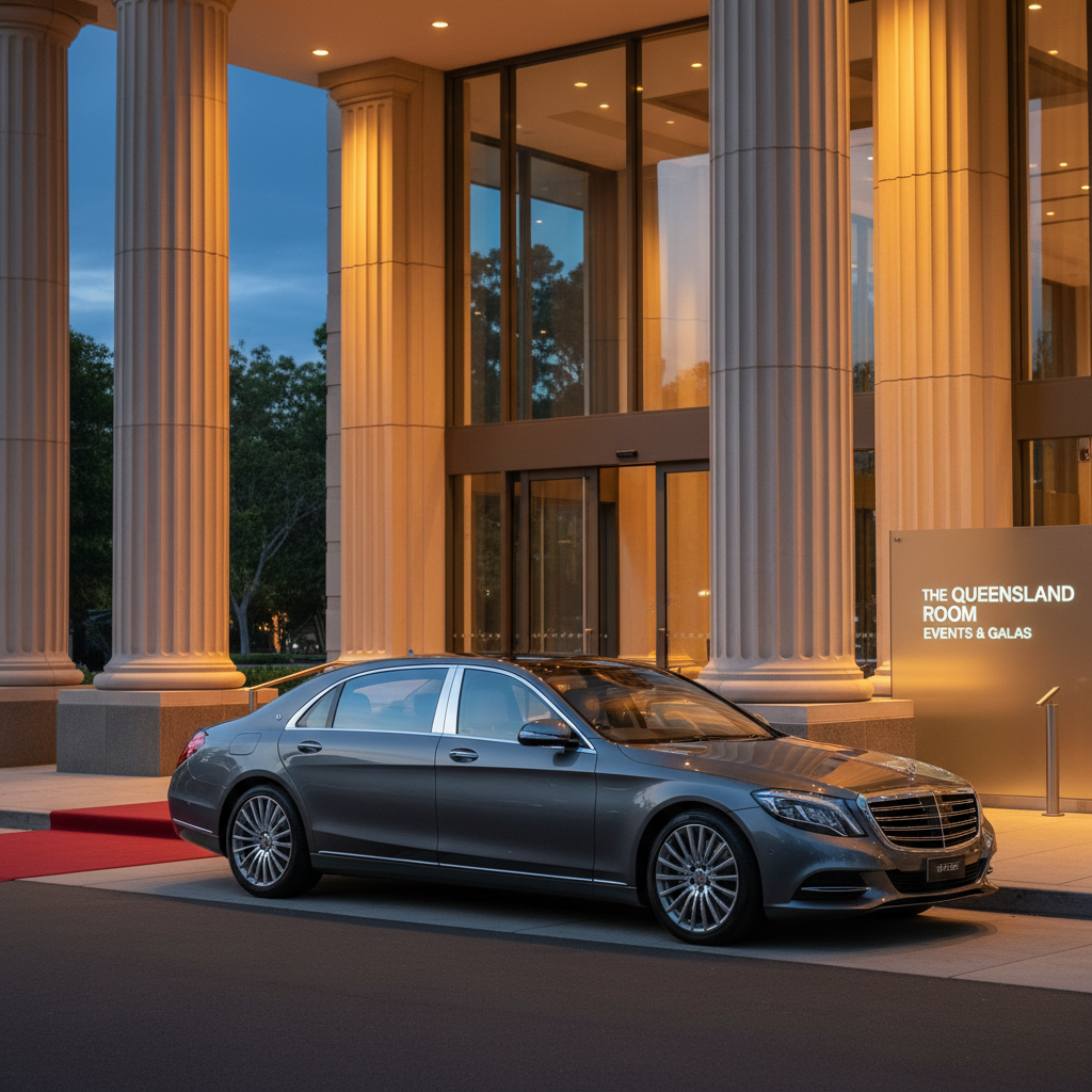 A refined luxury sedan waits at the curb outside a softly lit event venue in Queensland, suggested by understated signage and modern architecture with tall glass doors and decorative uplighting on stone columns. The car’s metallic paint reflects the warm amber lights from the building, while a cool blue evening sky contrasts above. A plush red carpet runs from the entrance to the edge of the frame, stopping just short of the car. Photographic realism, captured at eye level with a slight angle toward the venue, using a shallow depth of field to keep the vehicle in crisp focus while the background glows softly. The atmosphere feels celebratory yet professional, perfect for weddings, galas, and special occasions without any visible guests.